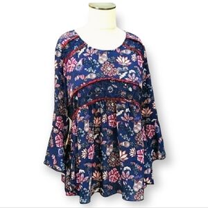 ND New Directions | S blue pink floral bell sleeve tunic top